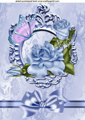 Blue Roses, Butterfly in Ornate Frame with B Order Bow A4