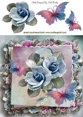 Pretty Blue Roses, Butterflies in Rose Frame 8x8