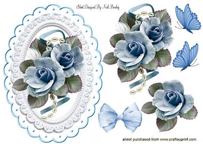 Blue Roses with Pearls and Butterflies
