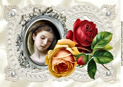 Vintage Lady on Cameo on Lace with Roses A4