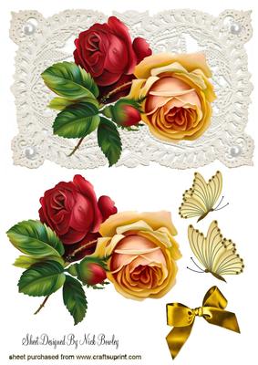 Roses with Butterflies on Vintage Lace