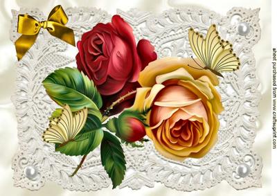 Roses with Butterflies on Vintage Lace with Pearls A4