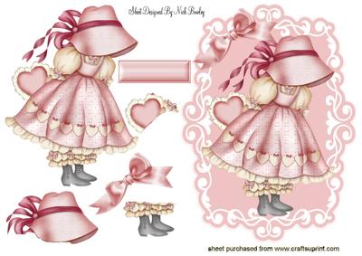 Little Vintage Bonnet Girl with Pink Heart