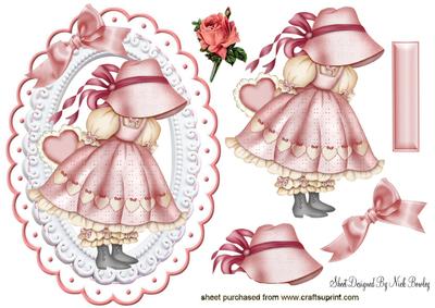 Little Vintage Bonnet Girl with Heart in Ornate Frame