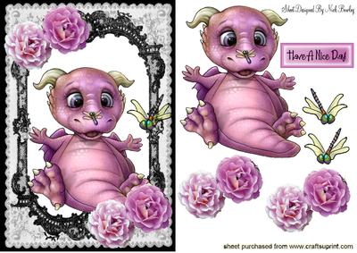 Little Pink Dragon in Black Lace Frame with Pink Roses