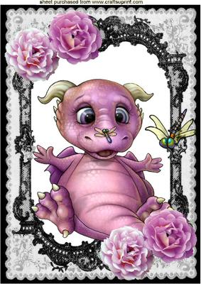 Little Pink Dragon in Lace Frame with Roses A4