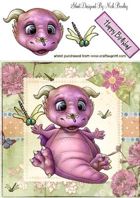 Pink Dragon with Flowers and Dragonflies 8x8
