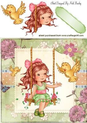 Little Girl on a Swing with Bird 8x8