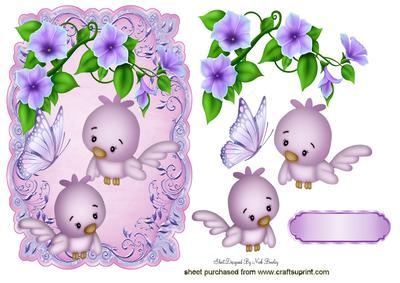 Flowers and Cute Little Birds with Butterfly