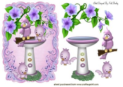 Cute Birds in a Bird Bath with Flowers