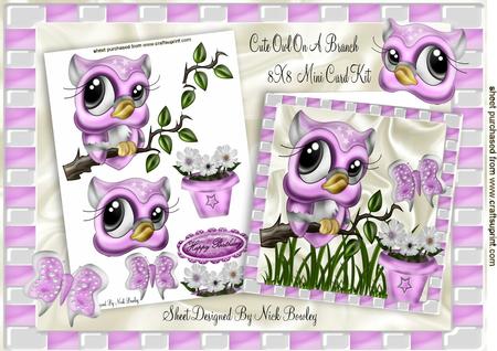 Cute Pink Owl on a Branch with Butterflies 8x8 Mini Kit