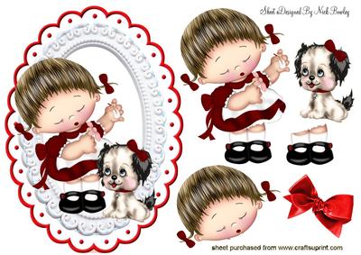 Little Girl in Red with Her Cute Puppy
