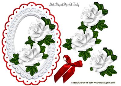 White Roses with Red Bow in Ornate Frame