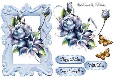Blue Roses in Ornate Frame with Butterflies