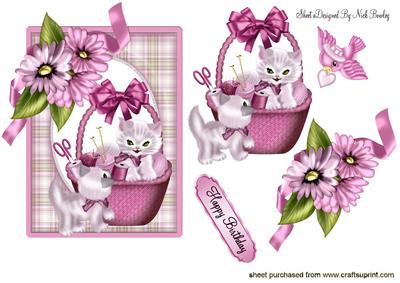 Cute Kittens in Knitting Basket in Tartan Frame