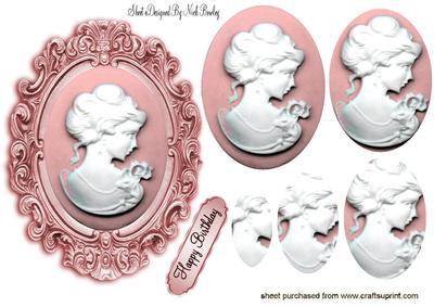 Pink Cameo Lady in Pink Frame Oval Pyramids