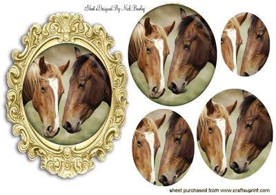 Pair of Horses in Gold Frame Oval Pyramids