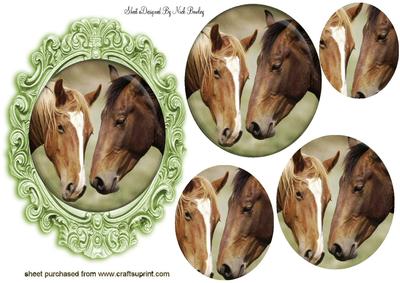Pair of Horses in Green Frame Oval Pyramids