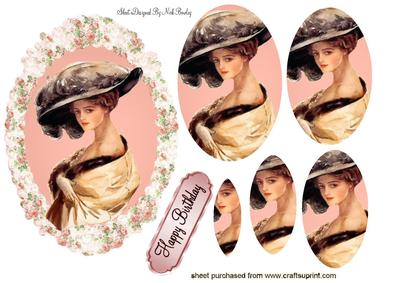 Vintage Lady in Hat, Rose Frame Oval Pyramids