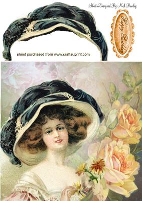 Vintage Lady in Big Hat with Peach Roses 8x8