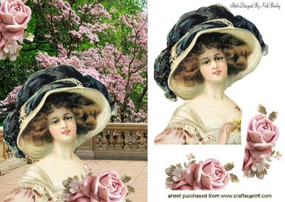 Vintage Lady with Pink Roses in the Garden