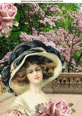 Vintage Lady with Pink Roses in the Garden A4