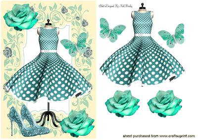 Turq Polkadot Dress in Floral Frame with Butterflies