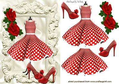 Red Polka Dot Dress in Ornate Frame with Roses