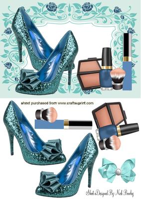 Blue Sparkle Shoes with Makeup in Floral Frame