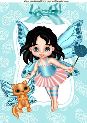Cute Faerie in Turq with Her Faerie Kitty A4