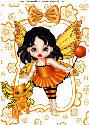 Cute Faerie in Gold with Her Faerie Kitty A4