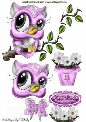 Cute Pink Owl on a Branch A4