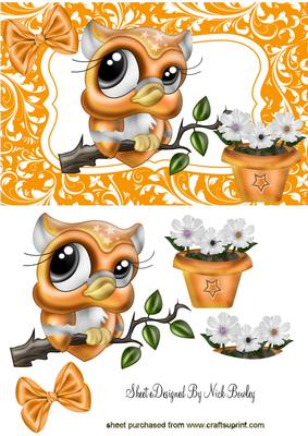 Cute Little Owl on a Branch with Flowers