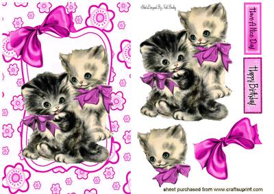 Vintage Kittens in Pink Floral Frame