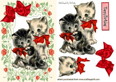 Vintage Kittens in Red Rose Frame with Bow