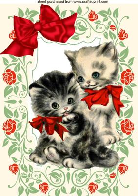 Vintage Kittens in Red Rose Frame with Bow A4
