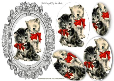 Vintage Kittens in Red Bows Oval Pyramids