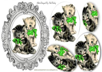 Vintage Kittens in Green Bows Oval Pyramids