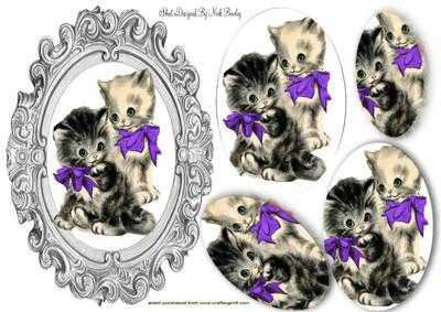 Vintage Kittens in Purple Bows Oval Pyramids