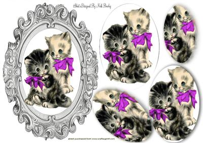 Vintage Kittens in Cerise Bows Oval Pyramids
