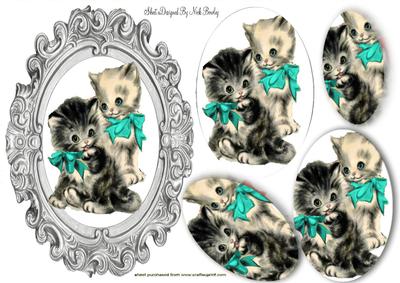 Vintage Kittens in Turq Bows Oval Pyramids