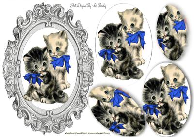 Vintage Kittens in Blue Bows Oval Pyramids