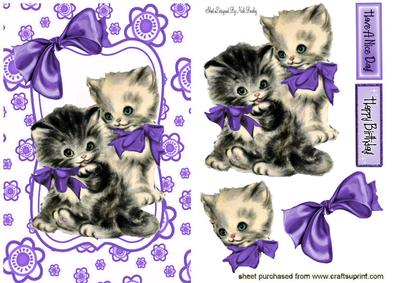 Vintage Kittens in Purple Floral Frame
