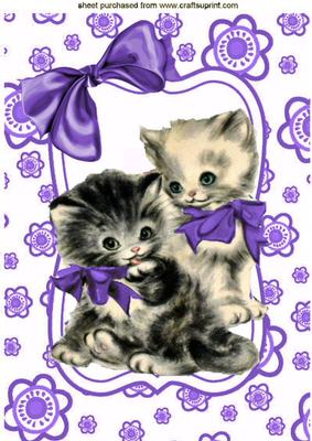 Vintage Kittens in Purple Floral Frame A4