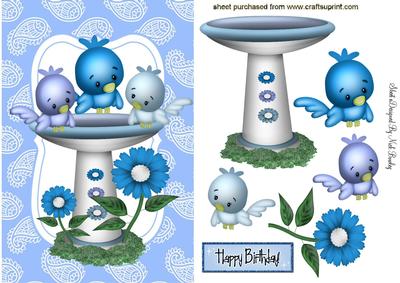 Blue Birds in a Bird Bath with Flowers