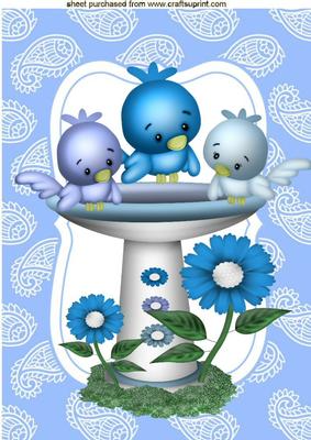 Blue Birds in a Bird Bath with Flowers A4