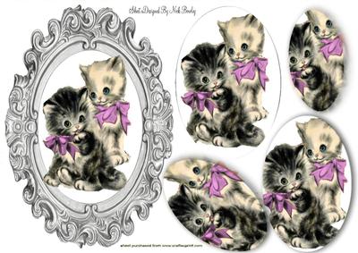 Vintage Kittens with Pink Bows , Oval Pyramids