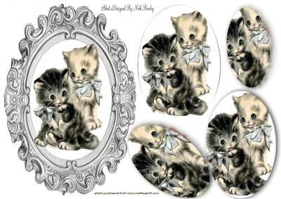 Vintage Kittens with Silver Bows, Oval Pyramids