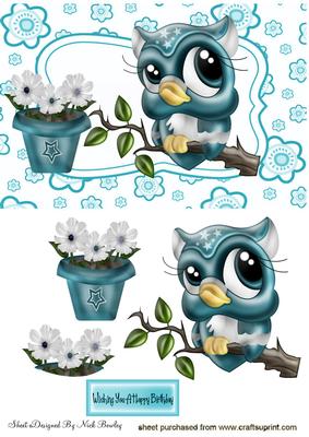 Cute Owl in Turq on a Branch in Floral Frame
