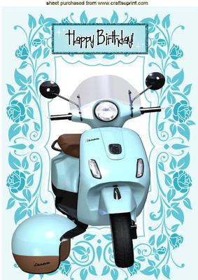 Turq Blue Vespa Scooter in Floral Frame A4